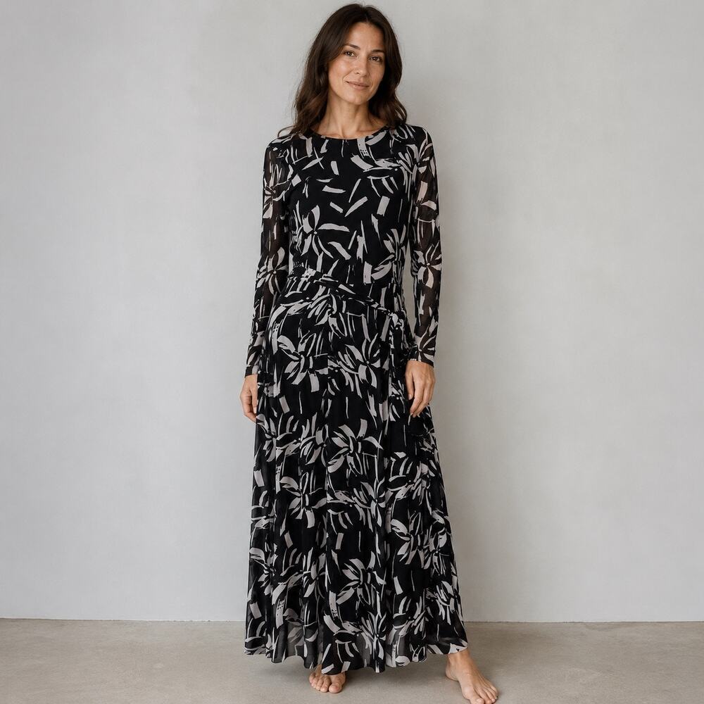 Anne Klein Black White Floral Maxi Dress Women S Long Sleeve Belted Tiered